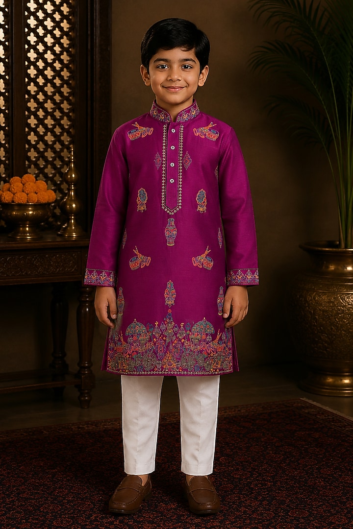 Purple Chanderi Thread & Resham Embroidered Kurta Set For Boys by Sammohan Kids at Pernia's Pop Up Shop