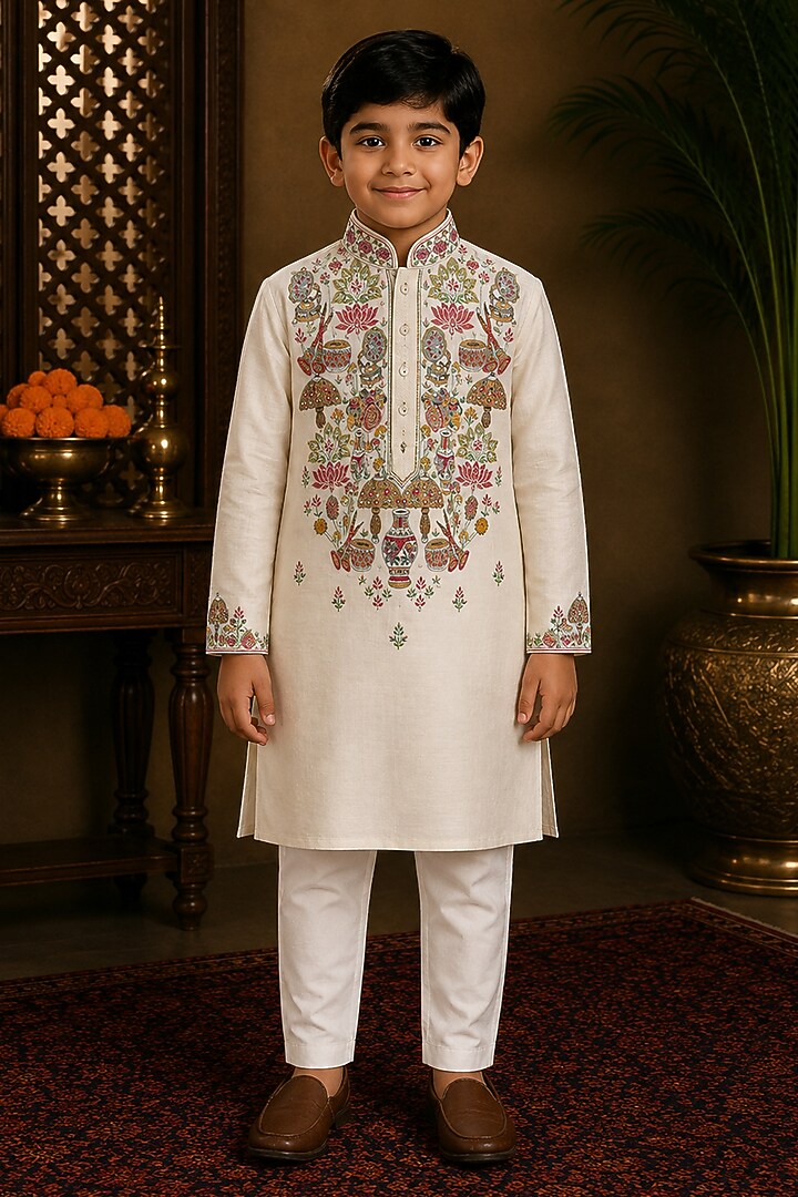 Ivory Chanderi Thread & Resham Embroidered Kurta Set For Boys by Sammohan Kids at Pernia's Pop Up Shop