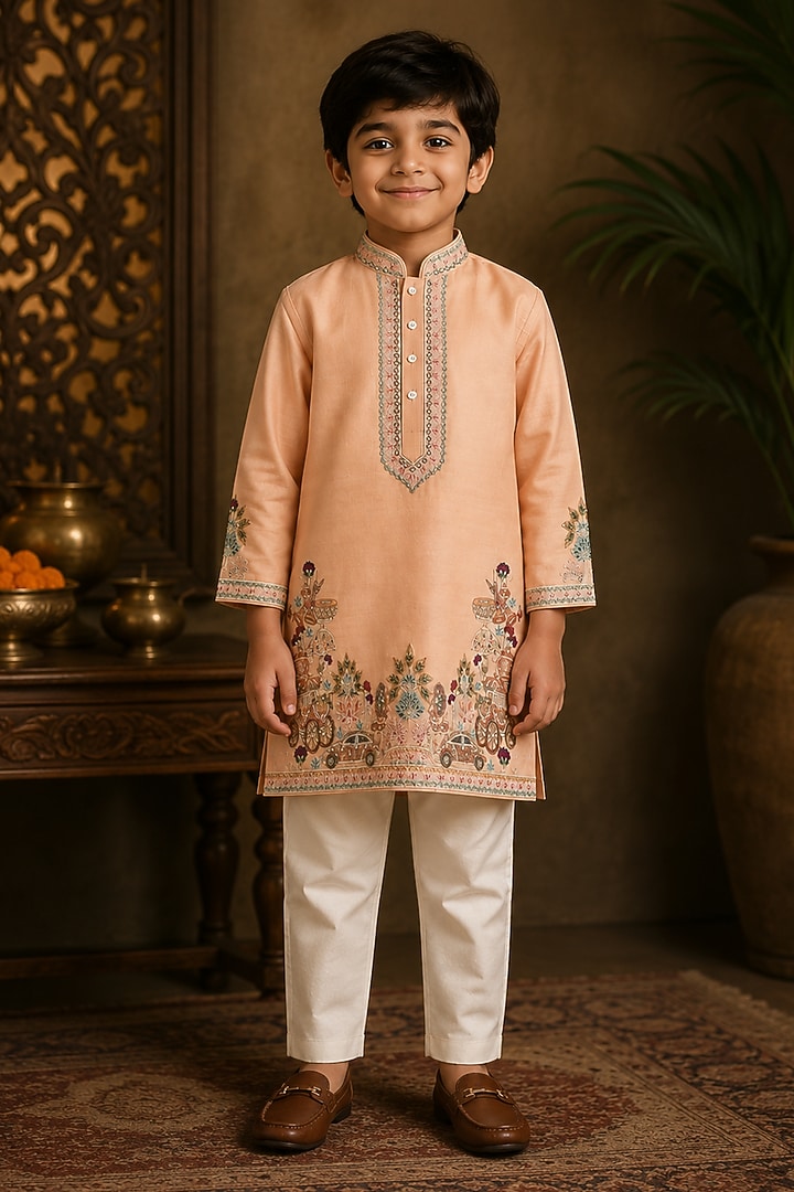 Peach Chanderi Thread & Resham Embroidered Kurta Set For Boys by Sammohan Kids at Pernia's Pop Up Shop