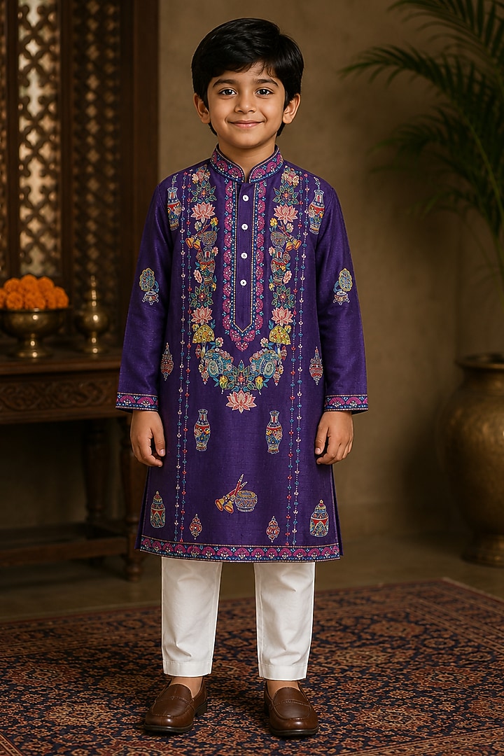 Purple Chanderi Thread & Resham Embroidered Kurta Set For Boys by Sammohan Kids at Pernia's Pop Up Shop