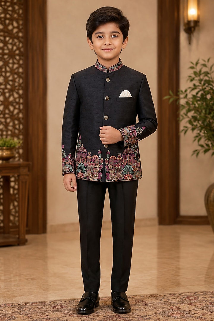 Black Raw Silk Resham Embroidered Bandhgala Set For Boys by Sammohan Kids at Pernia's Pop Up Shop