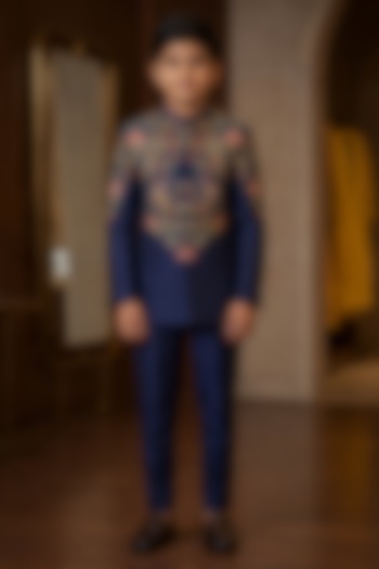 Blue Raw Silk Resham Embroidered Bandhgala Set For Boys by Sammohan Kids at Pernia's Pop Up Shop