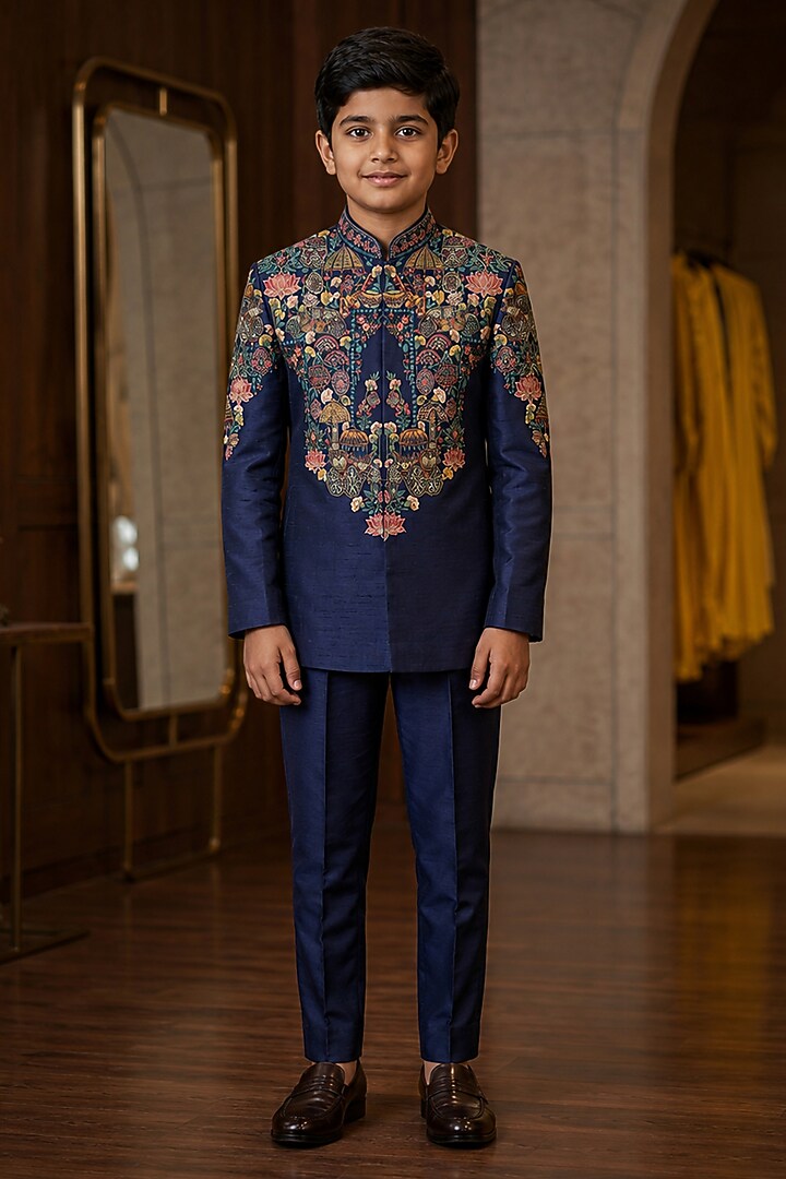Blue Raw Silk Resham Embroidered Bandhgala Set For Boys by Sammohan Kids at Pernia's Pop Up Shop