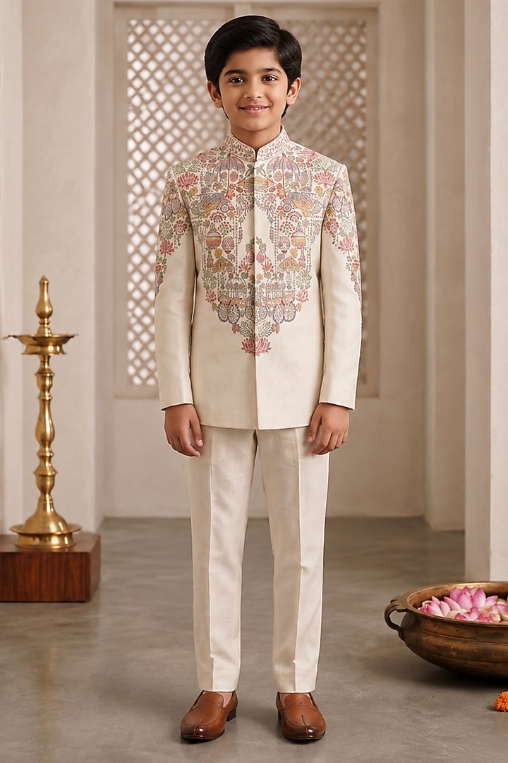 Ivory Raw Silk Resham Embroidered Bandhgala Set For Boys by Sammohan Kids at Pernia's Pop Up Shop