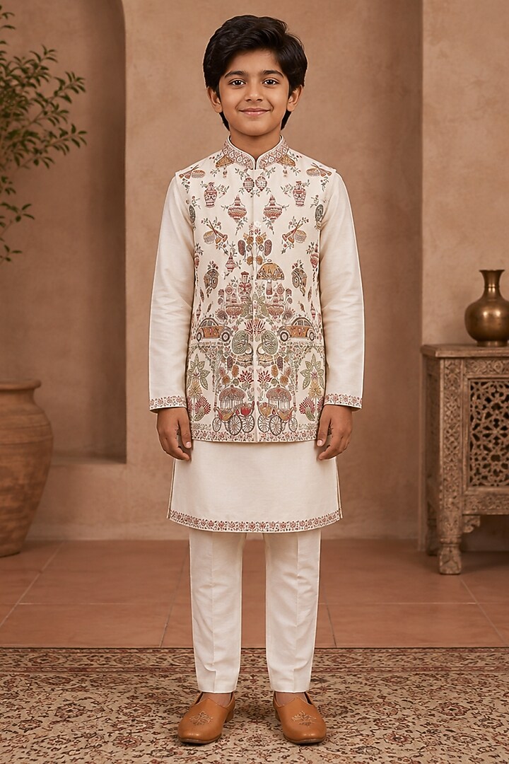 Ivory Raw Silk Resham Embroidered Bundi Jacket Set For Boys by Sammohan Kids at Pernia's Pop Up Shop