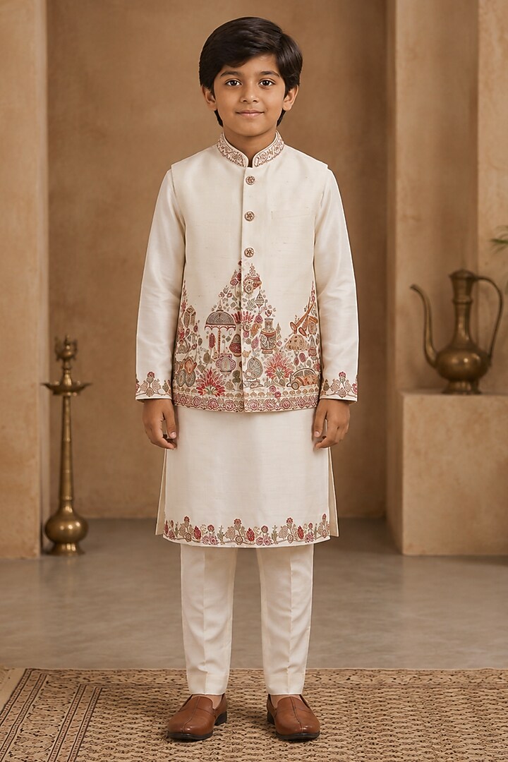 Ivory Raw Silk Resham Embroidered Bundi Jacket Set For Boys by Sammohan Kids at Pernia's Pop Up Shop