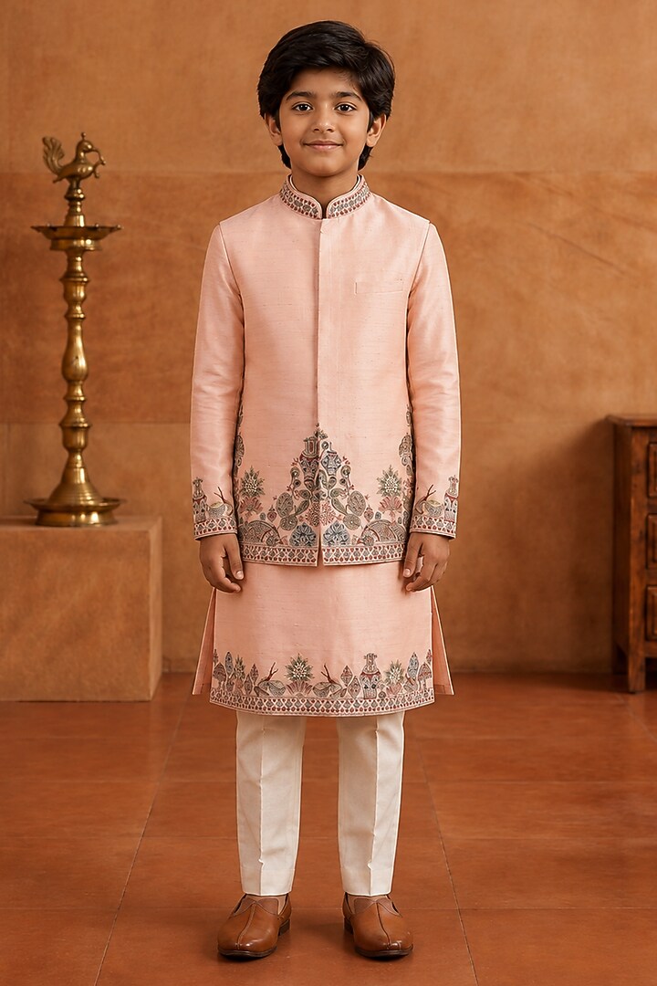 Peach Raw Silk Resham Embroidered Bundi Jacket Set For Boys by Sammohan Kids at Pernia's Pop Up Shop