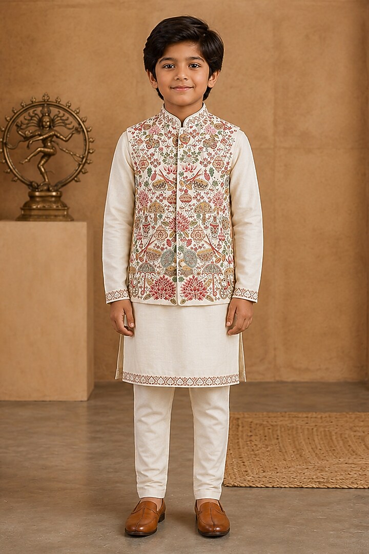 Ivory Raw Silk Thread Embroidered Bundi Jacket Set For Boys by Sammohan Kids at Pernia's Pop Up Shop