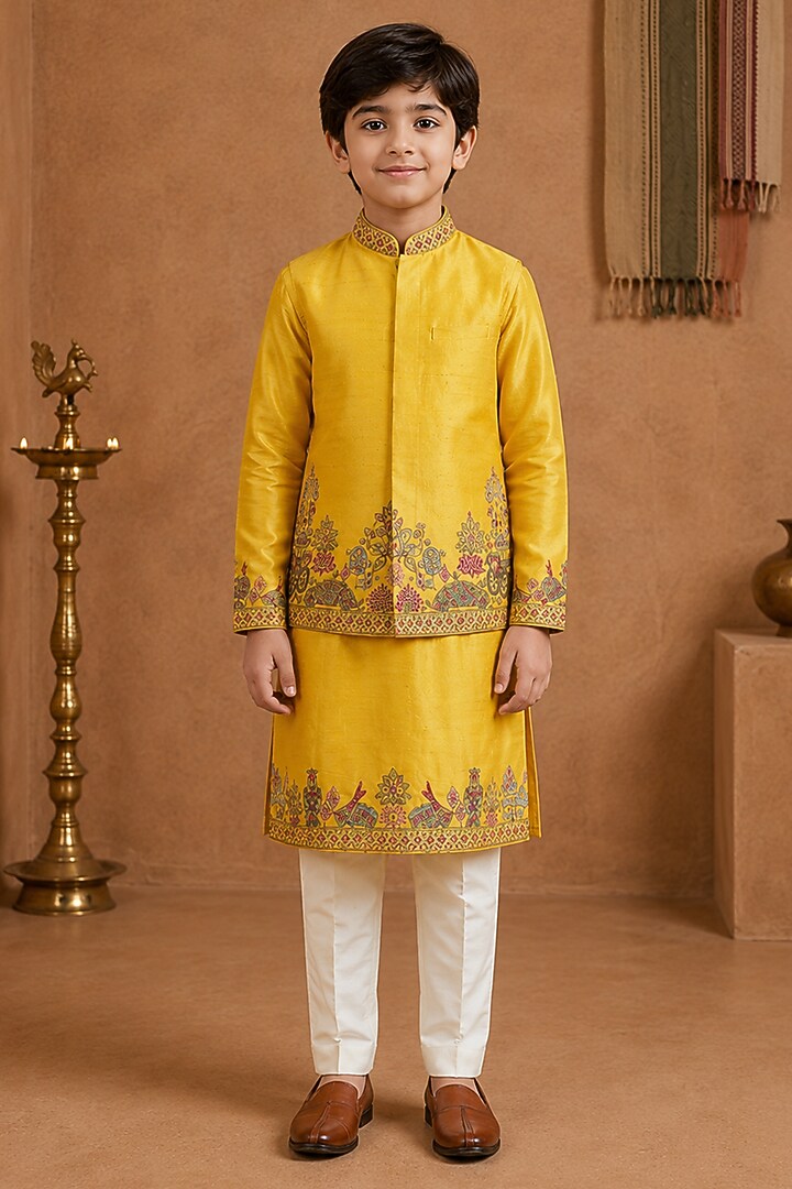 Yellow Raw Silk Thread Embroidered Bundi Jacket Set For Boys by Sammohan Kids at Pernia's Pop Up Shop