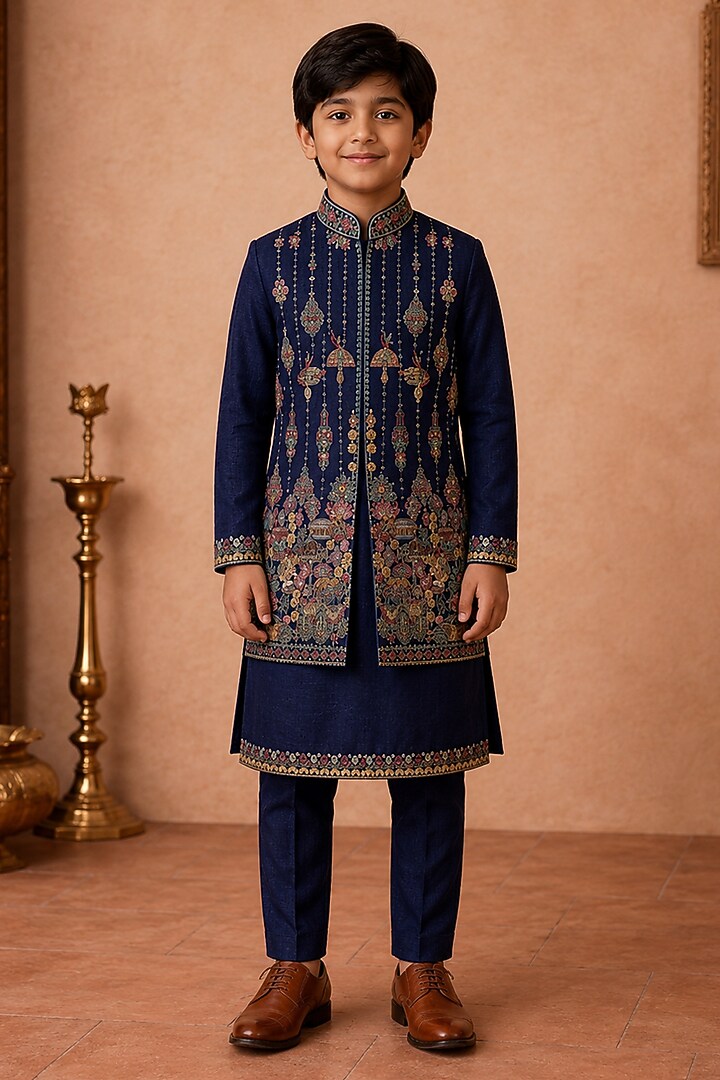 Blue Raw Silk Resham Embroidered Bundi Jacket Set For Boys by Sammohan Kids at Pernia's Pop Up Shop