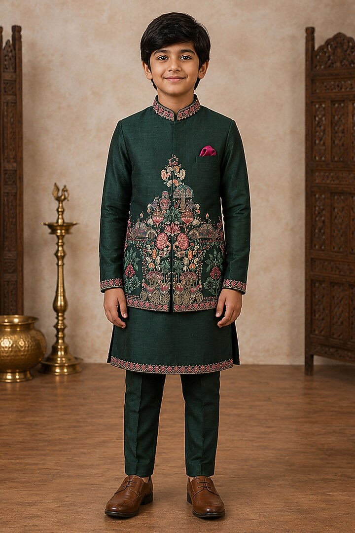 Green Raw Silk Resham Embroidered Bundi Jacket Set For Boys by Sammohan Kids at Pernia's Pop Up Shop
