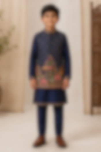 Blue Raw Silk Thread Embroidered Bundi Jacket Set For Boys by Sammohan Kids at Pernia's Pop Up Shop