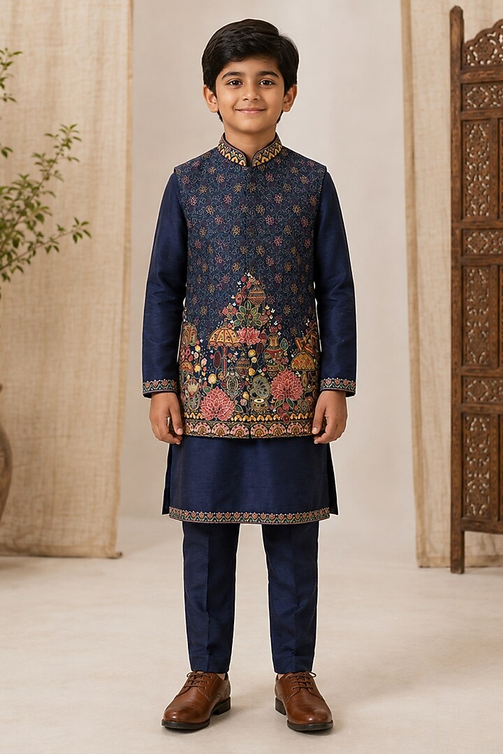 Blue Raw Silk Thread Embroidered Bundi Jacket Set For Boys by Sammohan Kids at Pernia's Pop Up Shop