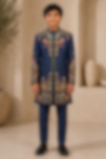 Blue Raw Silk Thread Embroidered Indowestern Set For Boys by Sammohan Kids at Pernia's Pop Up Shop