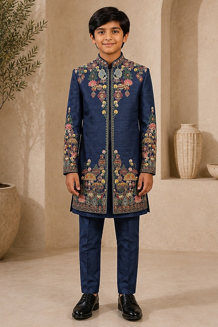 Blue Raw Silk Thread Embroidered Indowestern Set For Boys by Sammohan Kids at Pernia's Pop Up Shop