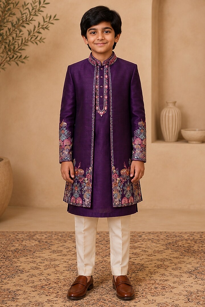 Purple Raw Silk Resham Embroidered Indowestern Set For Boys by Sammohan Kids at Pernia's Pop Up Shop