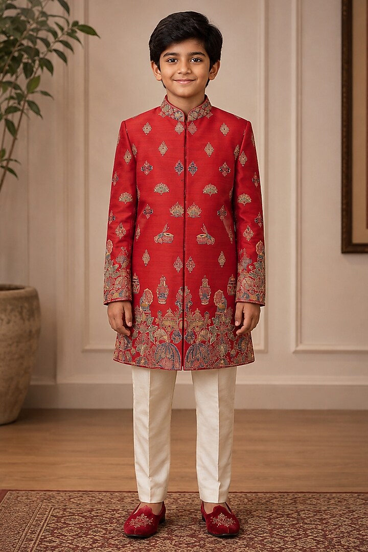 Red Raw Silk Thread Embroidered Indowestern Set For Boys by Sammohan Kids at Pernia's Pop Up Shop