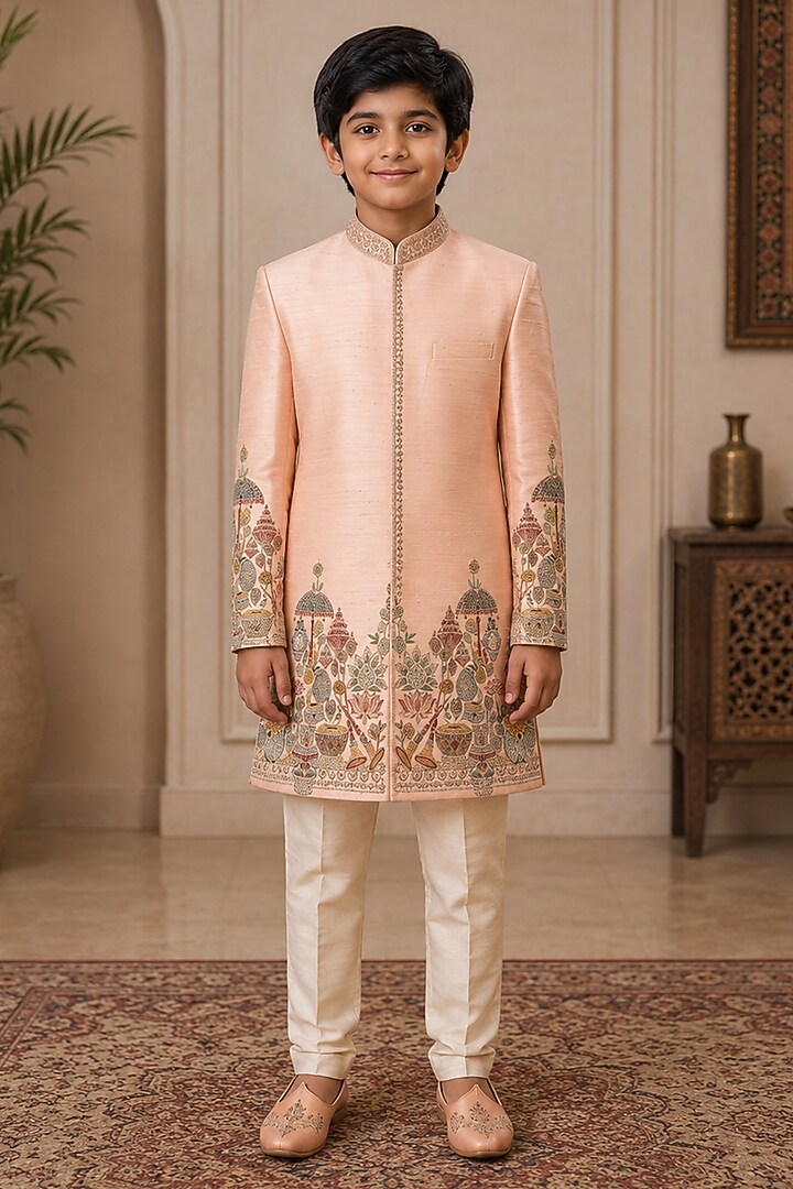 Peach Raw Silk Resham Embroidered Indowestern Set For Boys by Sammohan Kids at Pernia's Pop Up Shop