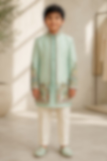 Green Raw Silk Resham Embroidered Indowestern Set For Boys by Sammohan Kids at Pernia's Pop Up Shop
