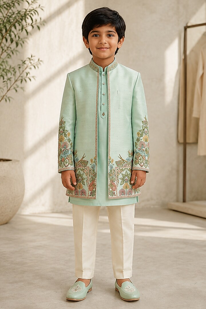 Green Raw Silk Resham Embroidered Indowestern Set For Boys by Sammohan Kids at Pernia's Pop Up Shop