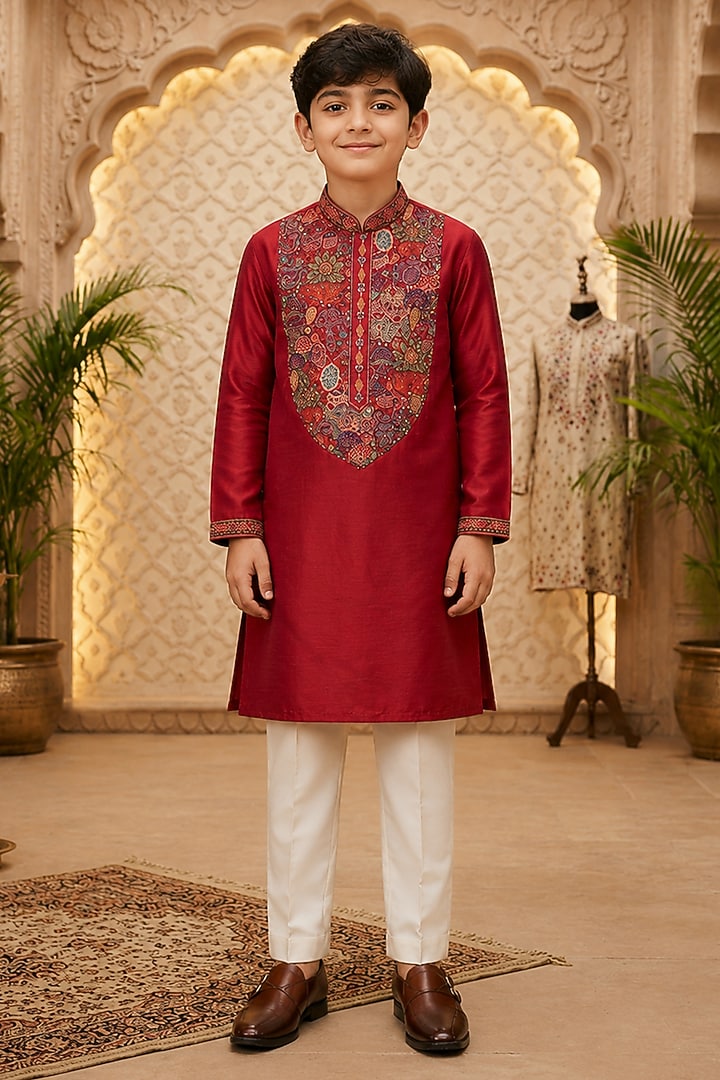Red Chanderi Thread Embroidered Kurta Set For Boys by Sammohan Kids at Pernia's Pop Up Shop