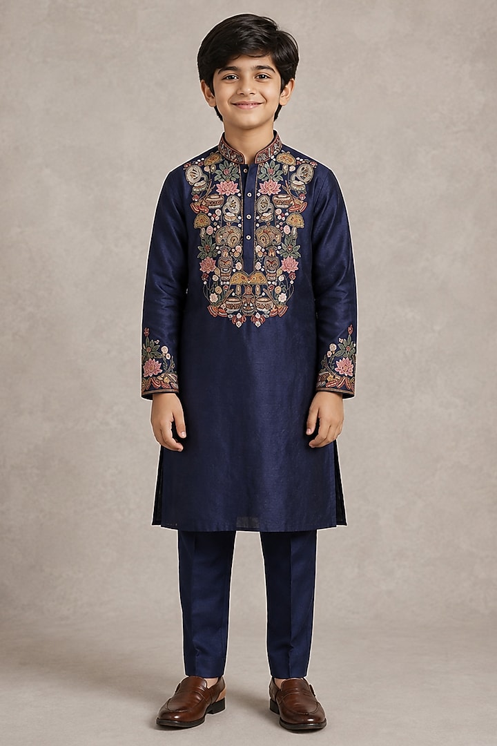Blue Chanderi Thread Embroidered Kurta Set For Boys by Sammohan Kids at Pernia's Pop Up Shop