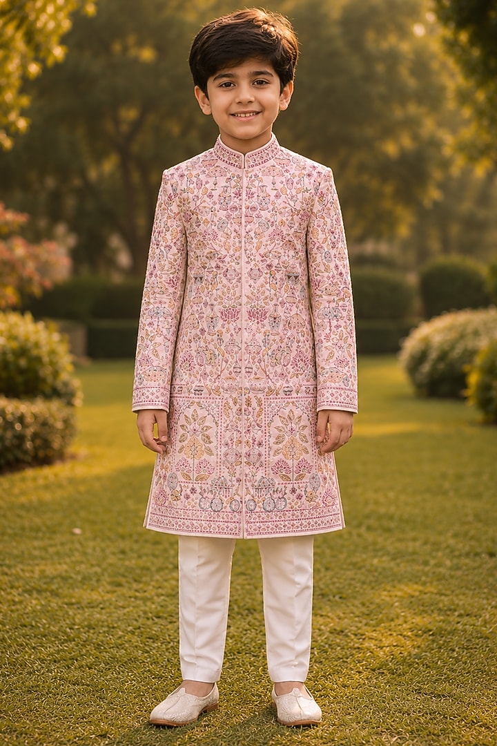 Peach Raw Silk Resham Embroidered Sherwani Set For Boys by Sammohan Kids at Pernia's Pop Up Shop