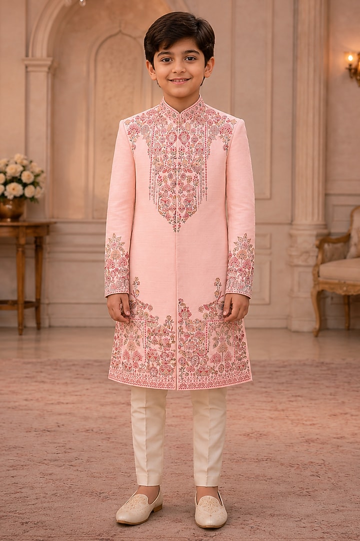 Peach Raw Silk Resham Embroidered Sherwani Set For Boys by Sammohan Kids at Pernia's Pop Up Shop