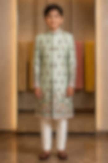 Green Raw Silk Resham Embroidered Sherwani Set For Boys by Sammohan Kids at Pernia's Pop Up Shop