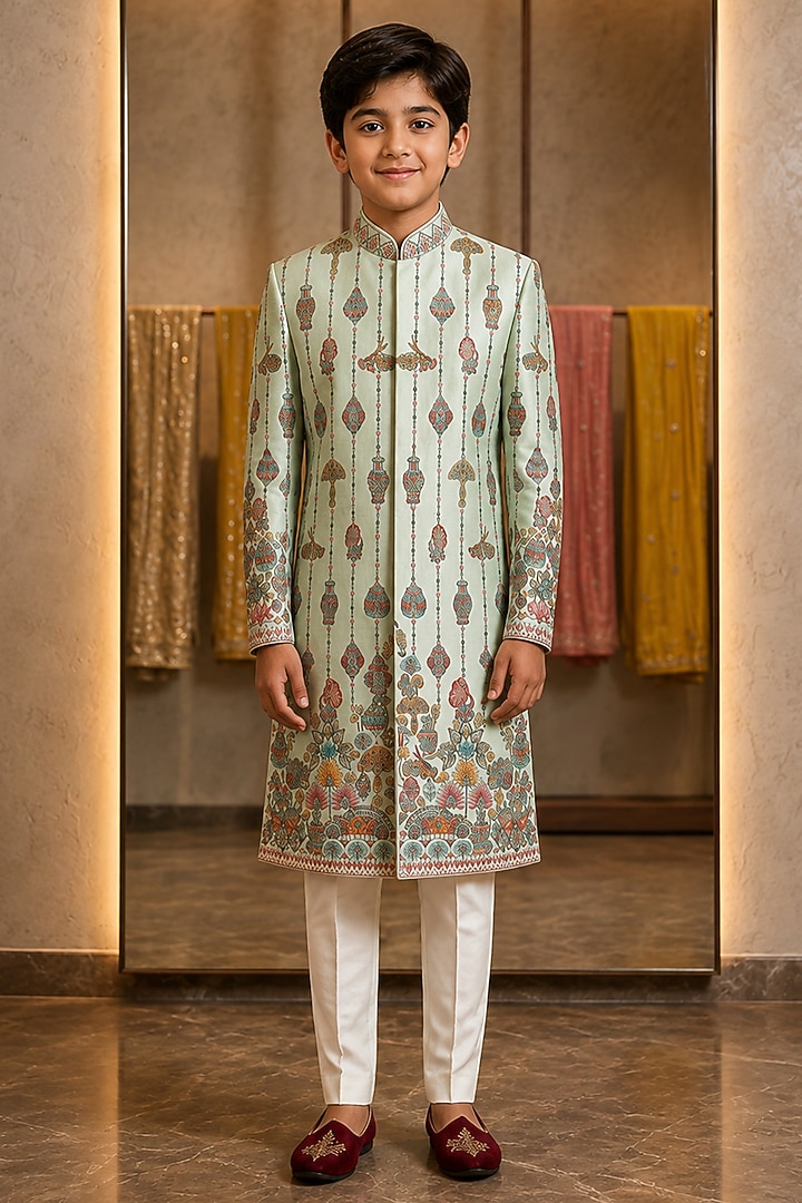 Green Raw Silk Resham Embroidered Sherwani Set For Boys by Sammohan Kids at Pernia's Pop Up Shop