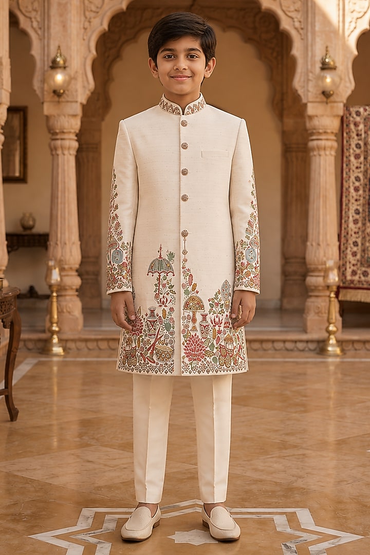 Ivory Raw Silk Resham Embroidered Sherwani Set For Boys by Sammohan Kids at Pernia's Pop Up Shop
