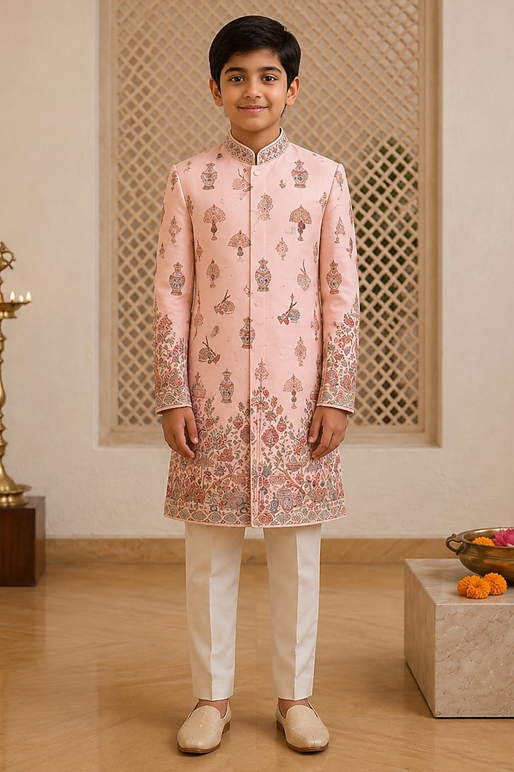 Peach Raw Silk Resham Embroidered Sherwani Set For Boys by Sammohan Kids at Pernia's Pop Up Shop