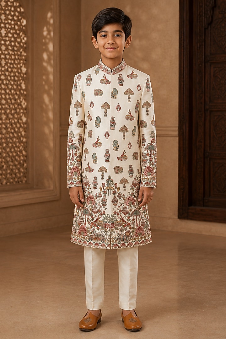 Ivory Raw Silk Resham Embroidered Sherwani Set For Boys by Sammohan Kids at Pernia's Pop Up Shop