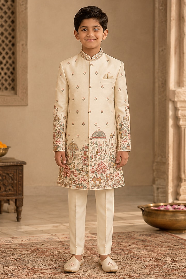 Ivory Raw Silk Resham Embroidered Sherwani Set For Boys by Sammohan Kids at Pernia's Pop Up Shop