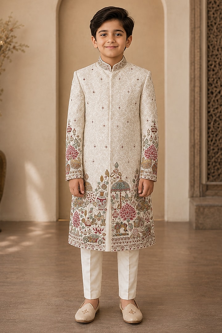 Ivory Raw Silk Resham Embroidered Sherwani Set For Boys by Sammohan Kids at Pernia's Pop Up Shop
