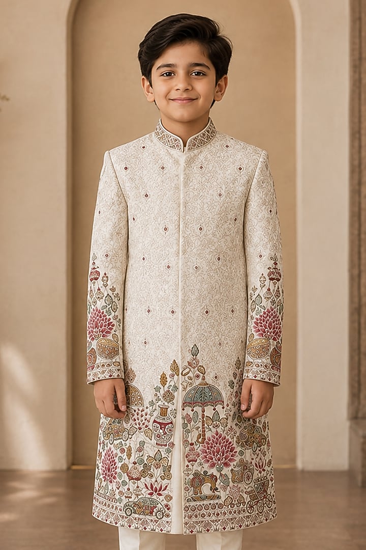Ivory Raw Silk Resham Embroidered Sherwani Set For Boys by Sammohan Kids at Pernia's Pop Up Shop