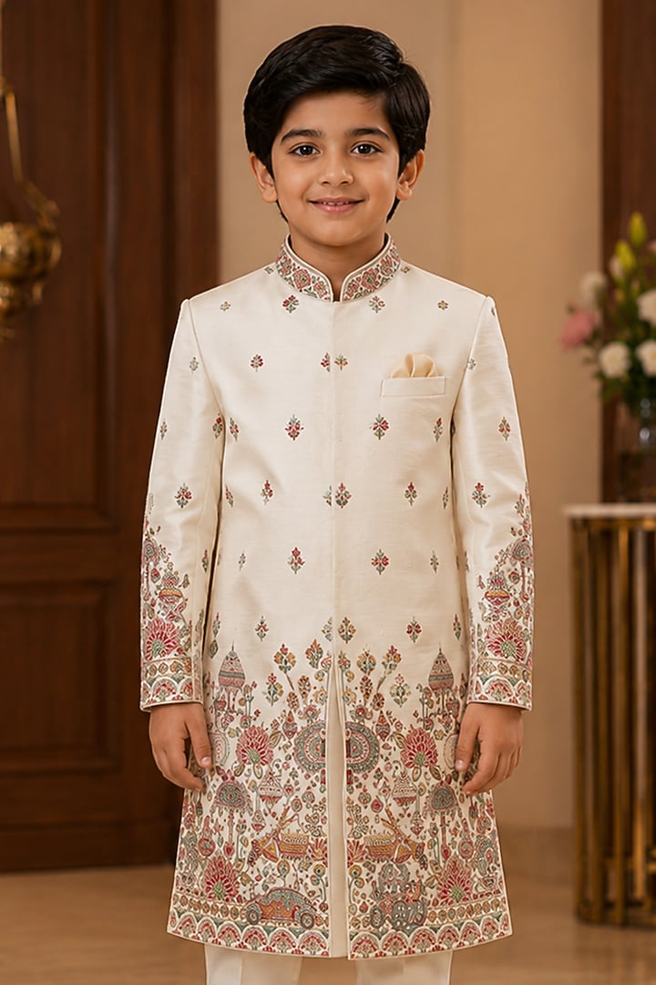 Ivory Raw Silk Resham Embroidered Sherwani Set For Boys by Sammohan Kids at Pernia's Pop Up Shop