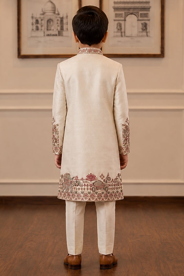 Ivory Raw Silk Resham Embroidered Sherwani Set For Boys by Sammohan Kids at Pernia's Pop Up Shop