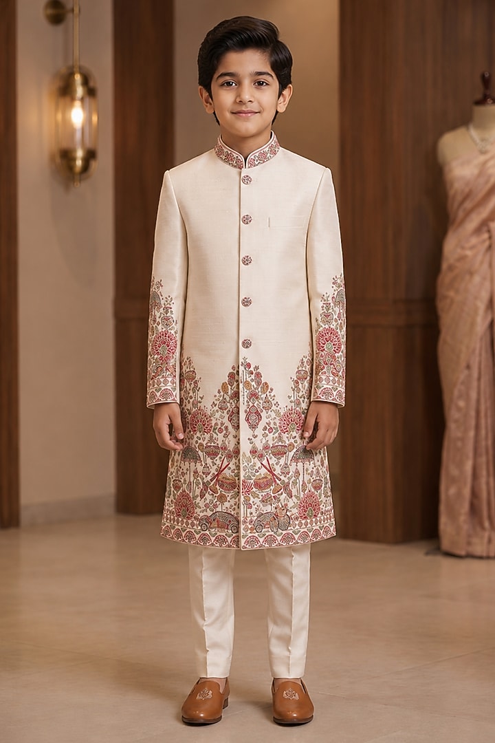 Ivory Raw Silk Resham Embroidered Sherwani Set For Boys by Sammohan Kids at Pernia's Pop Up Shop