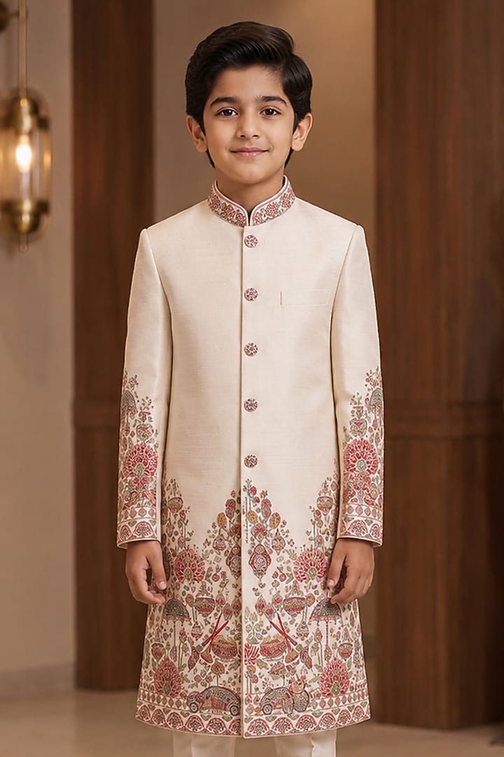 Ivory Raw Silk Resham Embroidered Sherwani Set For Boys by Sammohan Kids at Pernia's Pop Up Shop