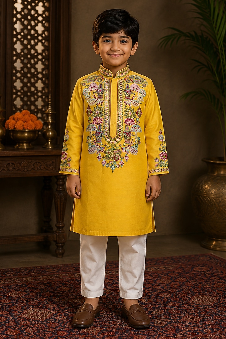 Yellow Chanderi Thread & Resham Embroidered Kurta Set For Boys by Sammohan Kids at Pernia's Pop Up Shop