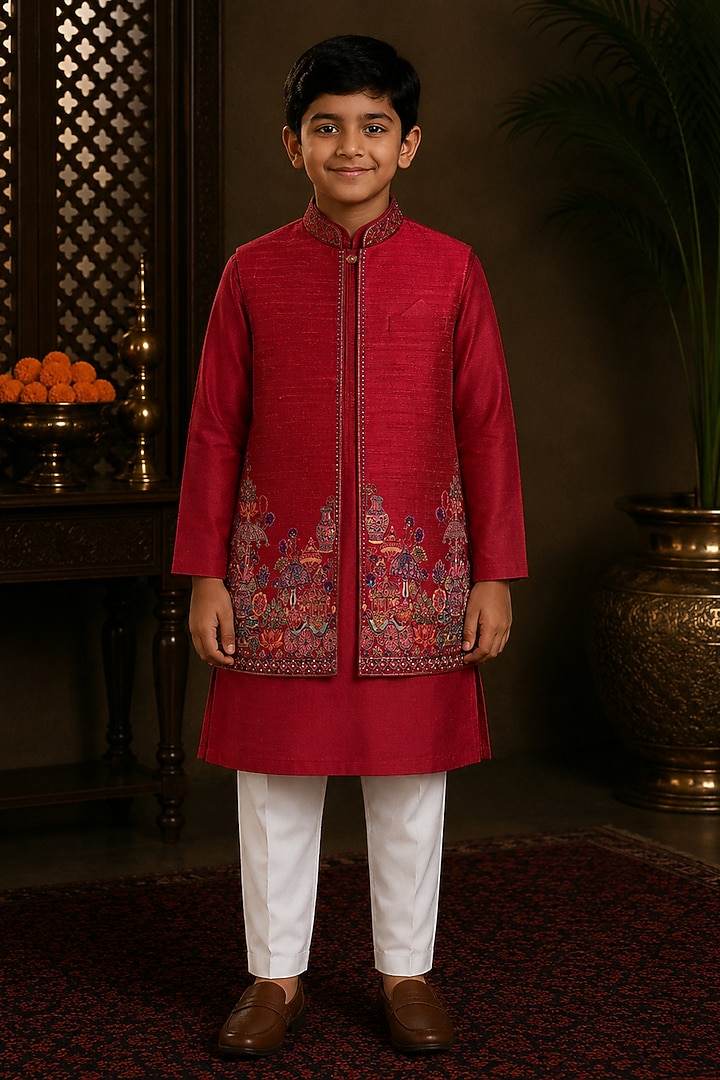 Red Raw Silk Resham Embroidered Bundi Jacket Set For Boys by Sammohan Kids at Pernia's Pop Up Shop