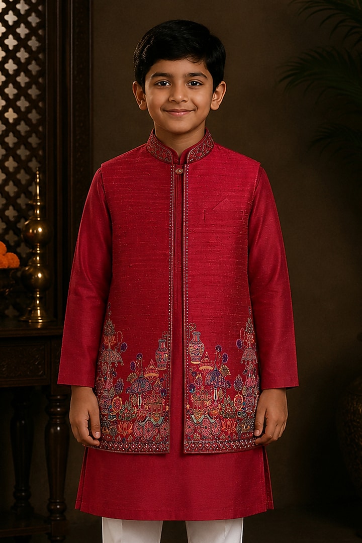 Red Raw Silk Resham Embroidered Bundi Jacket Set For Boys by Sammohan Kids at Pernia's Pop Up Shop