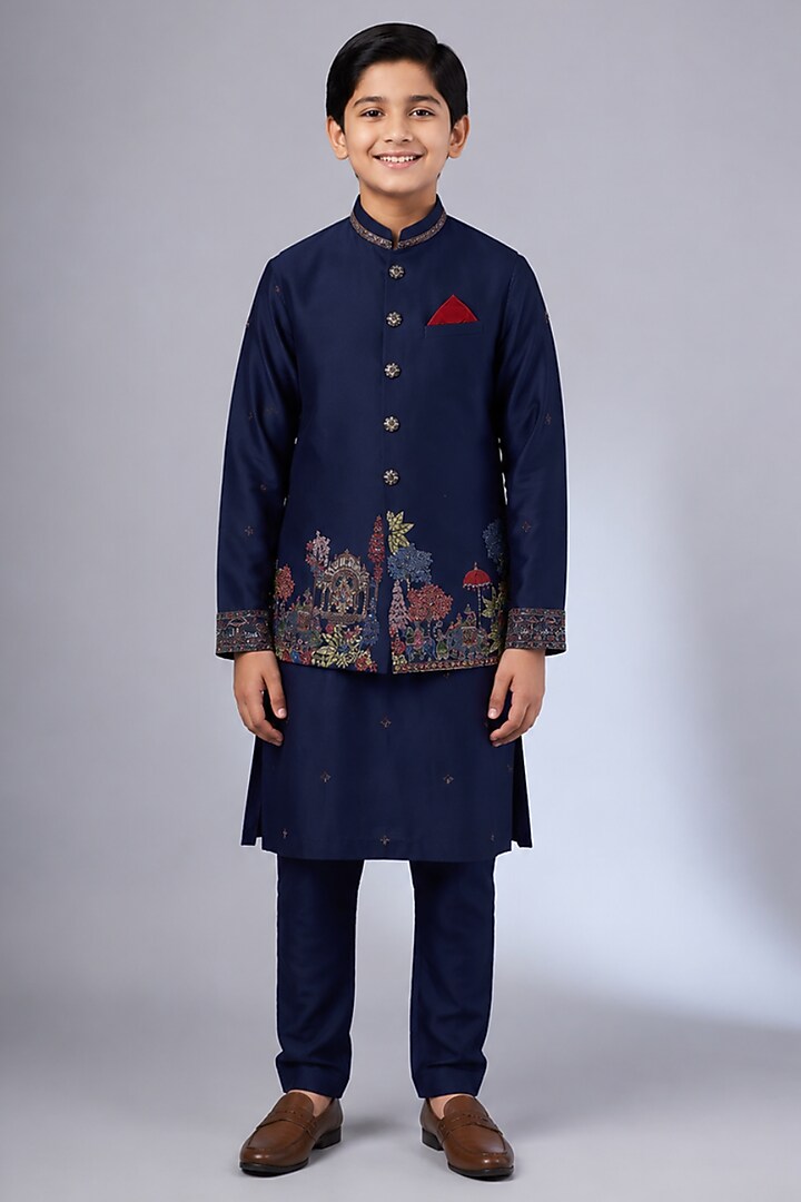 Blue Tussar Resham Embroidered Bundi Jacket Set For Boys by Sammohan Kids at Pernia's Pop Up Shop