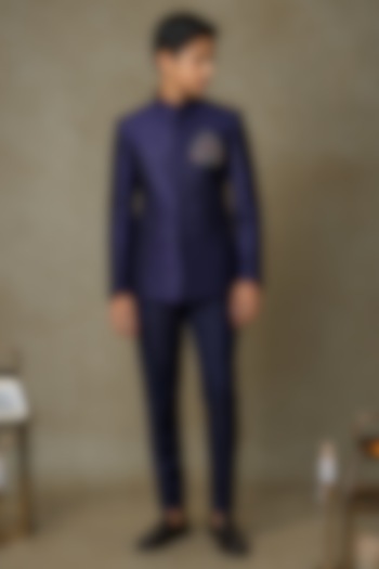 Blue Tussar Hand Embroidered Bandhgala Set For Boys by Sammohan Kids at Pernia's Pop Up Shop