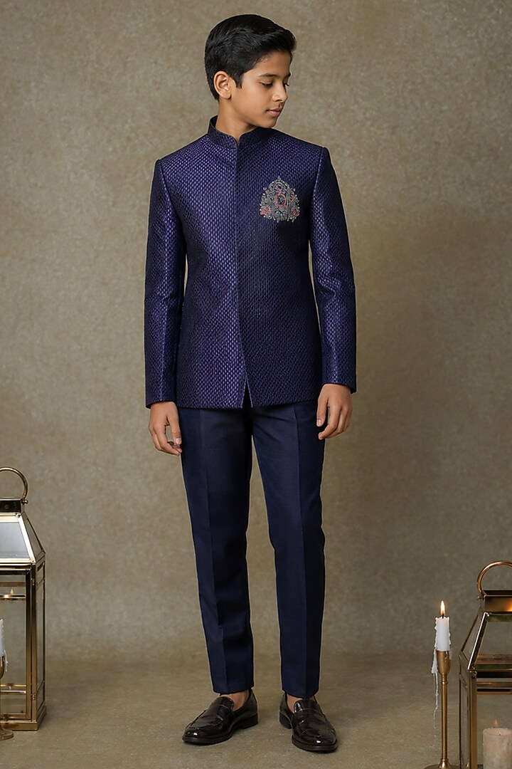 Blue Tussar Hand Embroidered Bandhgala Set For Boys by Sammohan Kids at Pernia's Pop Up Shop