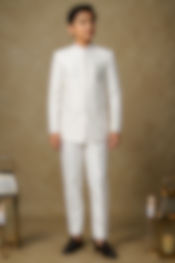 Ivory Tussar Hand Embroidered Bandhgala Set For Boys by Sammohan Kids at Pernia's Pop Up Shop