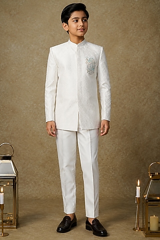 Ivory Tussar Hand Embroidered Bandhgala Set For Boys by Sammohan Kids