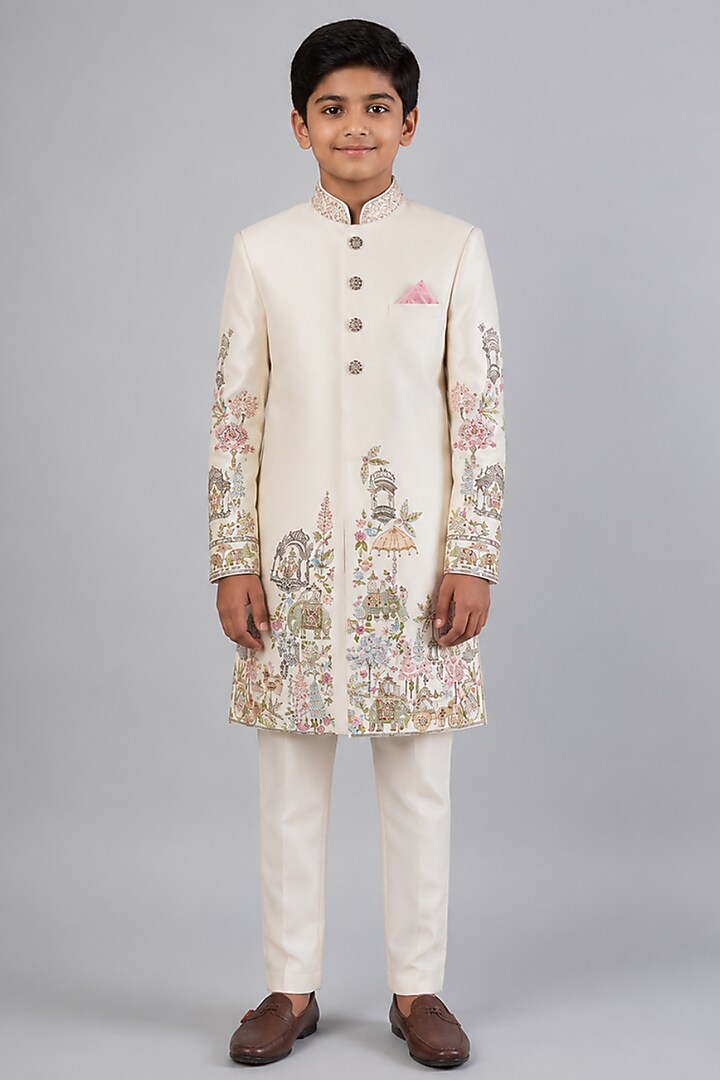 Ivory Tussar Hand Embroidered Sherwani Set For Boys by Sammohan Kids at Pernia's Pop Up Shop