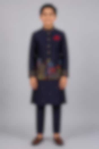 Blue Tussar Resham & Thread Embroidered Bundi Jacket Set For Boys by Sammohan Kids at Pernia's Pop Up Shop